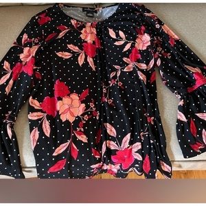 Liz Claiborne Career, polka Dot, Floral Print, Scoop Neck, 3/4 Bell Sleeve Top